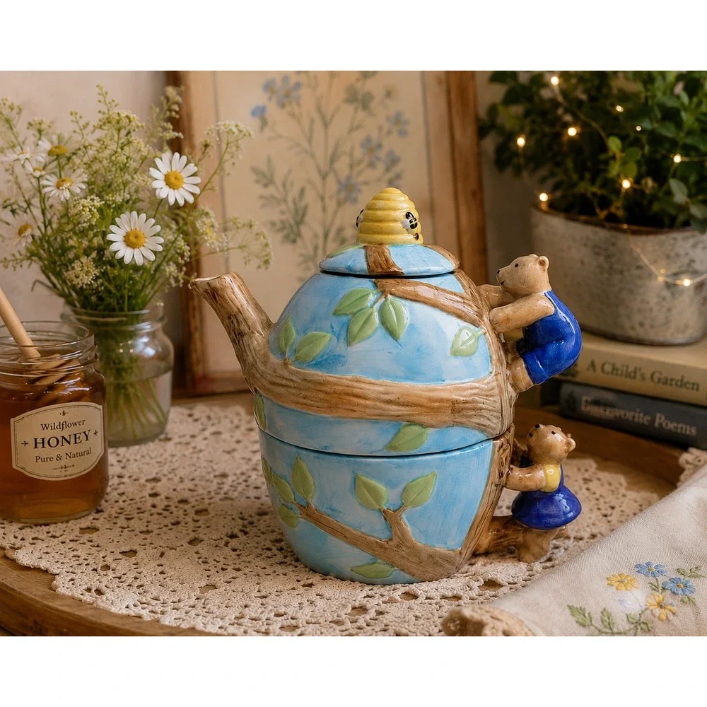 Vintage Bear Treehouse Teapot Teacup Set‎ Ceramic Blue Woodland Cottage